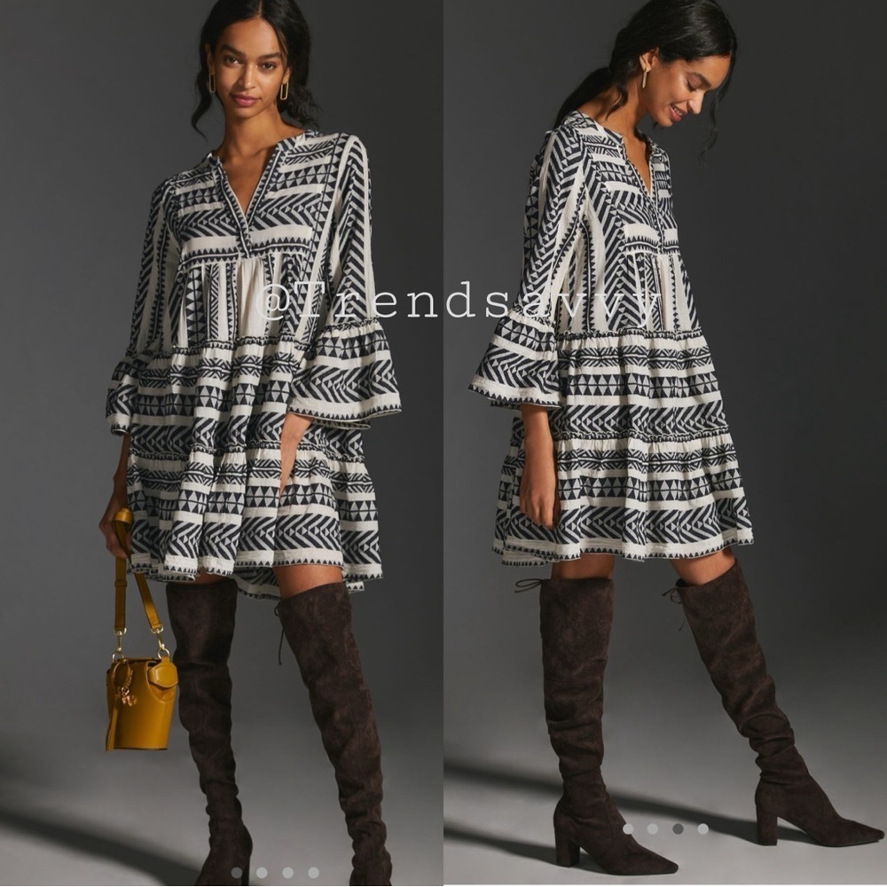 Anthropologie Devotion Twins Ella Embroidered Tunic Dress Black White Greece XS